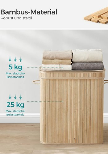 SONGMICS W&auml;schekorb mit Deckel, W&auml;schekorb aus Bambus, herausnehmbarer und maschinenwaschbarer W&auml;schesack mit Griff, 100 Liter, f&uuml;r Waschk&uuml;che, Schlafzimmer, Wohnzimmer, Naturbeige LCB063N01