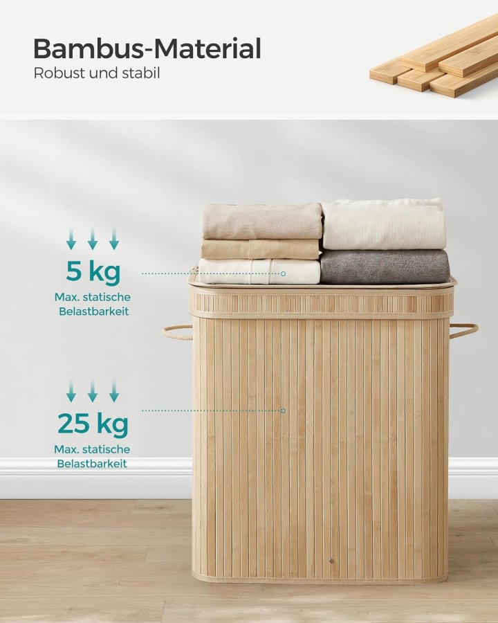 SONGMICS W&auml;schekorb mit Deckel, W&auml;schekorb aus Bambus, herausnehmbarer und maschinenwaschbarer W&auml;schesack mit Griff, 100 Liter, f&uuml;r Waschk&uuml;che, Schlafzimmer, Wohnzimmer, Naturbeige LCB063N01