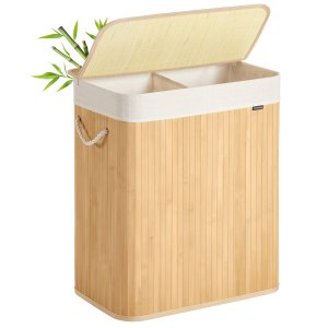 SONGMICS tv&auml;ttkorg, 100 l, tv&auml;ttkorg med 2 fack, tv&auml;ttl�da med lock, bambu, hopf&auml;llbar, avtagbar och maskintv&auml;ttbar insatsp�se, f&ouml;r tv&auml;ttstuga, sovrum, naturlig LCB074Y01