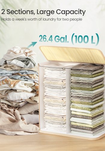 SONGMICS W&auml;schekorb, 100 l, W&auml;schekorb mit 2 F&auml;chern, W&auml;schebeh&auml;lter mit Deckel, Bambus, faltbar, herausnehmbarer und maschinenwaschbarer Einsatzbeutel, f&uuml;r Waschk&uuml;che, Schlafzimmer, Natur LCB074Y01