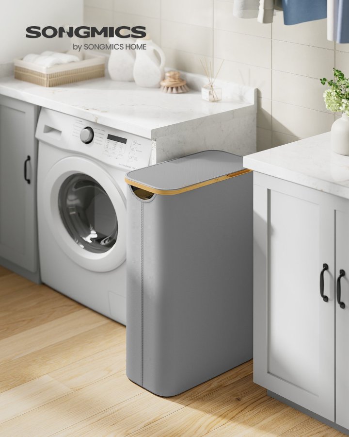 SONGMICS W�schekorb mit Deckel, schmaler W�schekorb, 65 l, platzsparend, herausnehmbares Netzfutter, Oxford-Gewebe, Bambusgriff, faltbar, 42 x 22,5 x 70,5 cm, Taubengrau LCB506G01