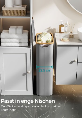 SONGMICS W�schekorb mit Deckel, schmaler W�schekorb, 65 l, platzsparend, herausnehmbares Netzfutter, Oxford-Gewebe, Bambusgriff, faltbar, 42 x 22,5 x 70,5 cm, Taubengrau LCB506G01