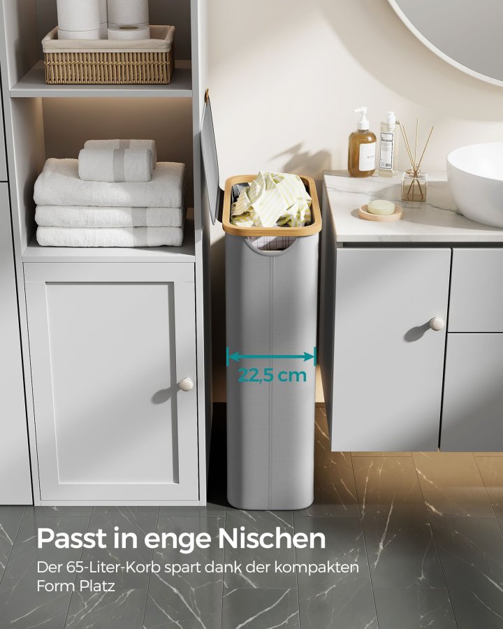 SONGMICS W�schekorb mit Deckel, schmaler W�schekorb, 65 l, platzsparend, herausnehmbares Netzfutter, Oxford-Gewebe, Bambusgriff, faltbar, 42 x 22,5 x 70,5 cm, Taubengrau LCB506G01