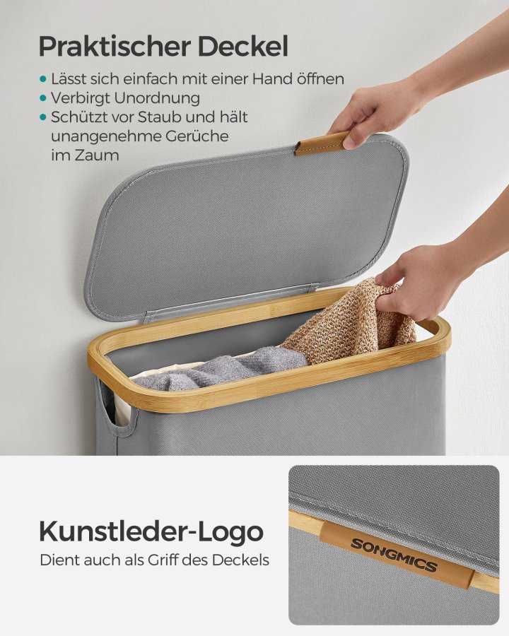 SONGMICS W�schekorb mit Deckel, schmaler W�schekorb, 65 l, platzsparend, herausnehmbares Netzfutter, Oxford-Gewebe, Bambusgriff, faltbar, 42 x 22,5 x 70,5 cm, Taubengrau LCB506G01