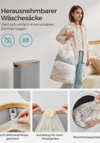 SONGMICS W�schekorb mit Deckel, schmaler W�schekorb, 65 l, platzsparend, herausnehmbares Netzfutter, Oxford-Gewebe, Bambusgriff, faltbar, 42 x 22,5 x 70,5 cm, Taubengrau LCB506G01