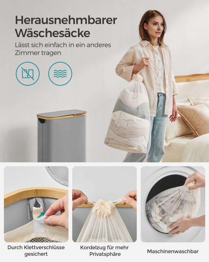 SONGMICS W�schekorb mit Deckel, schmaler W�schekorb, 65 l, platzsparend, herausnehmbares Netzfutter, Oxford-Gewebe, Bambusgriff, faltbar, 42 x 22,5 x 70,5 cm, Taubengrau LCB506G01