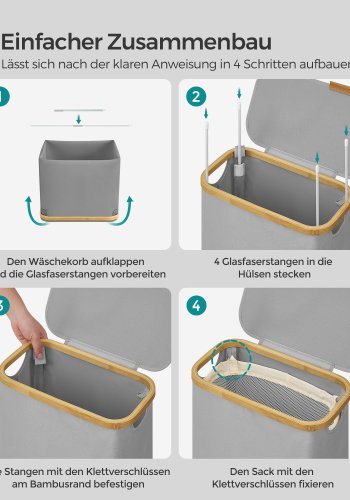 SONGMICS W�schekorb mit Deckel, schmaler W�schekorb, 65 l, platzsparend, herausnehmbares Netzfutter, Oxford-Gewebe, Bambusgriff, faltbar, 42 x 22,5 x 70,5 cm, Taubengrau LCB506G01