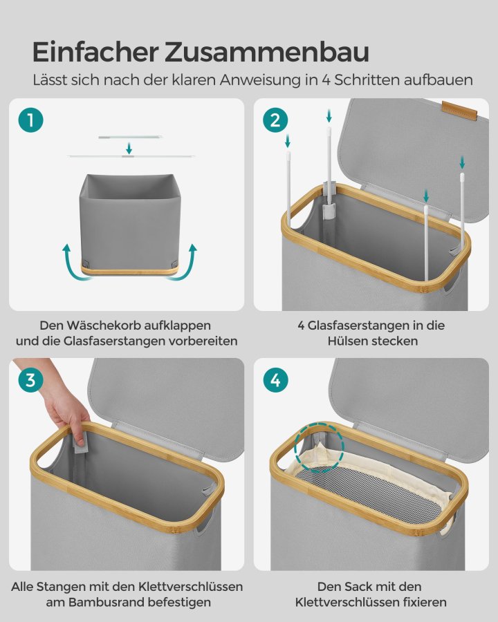 SONGMICS W�schekorb mit Deckel, schmaler W�schekorb, 65 l, platzsparend, herausnehmbares Netzfutter, Oxford-Gewebe, Bambusgriff, faltbar, 42 x 22,5 x 70,5 cm, Taubengrau LCB506G01