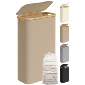 SONGMICS Tv&auml;ttkorg med lock, smal tv&auml;ttkorg, 65 l, platsbesparande, avtagbart n&auml;tfoder, oxfordtyg, bambuhandtag, vikbar, 42 x 22,5 x 70,5 cm, kamelbrun LCB506N02