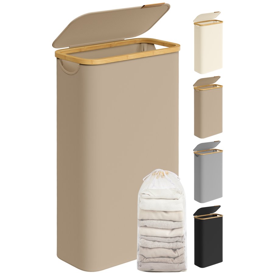 SONGMICS W&auml;schekorb mit Deckel, schmaler W&auml;schekorb, 65 l, platzsparend, herausnehmbares Netzfutter, Oxford-Gewebe, Bambusgriff, faltbar, 42 x 22,5 x 70,5 cm, Kamelbraun LCB506N02