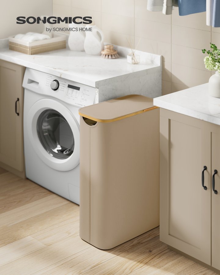 SONGMICS W&auml;schekorb mit Deckel, schmaler W&auml;schekorb, 65 l, platzsparend, herausnehmbares Netzfutter, Oxford-Gewebe, Bambusgriff, faltbar, 42 x 22,5 x 70,5 cm, Kamelbraun LCB506N02