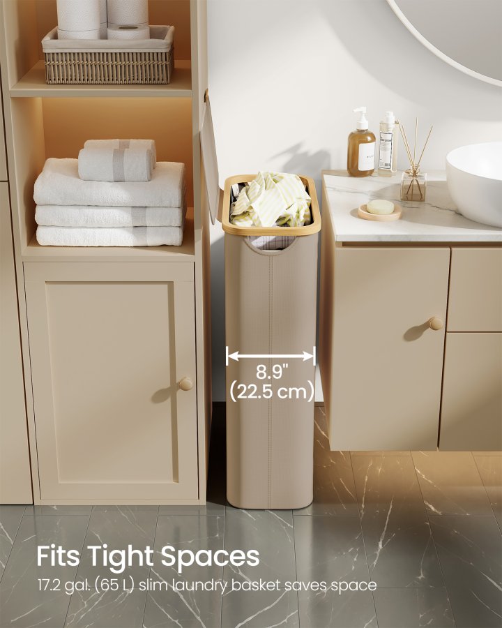 SONGMICS W&auml;schekorb mit Deckel, schmaler W&auml;schekorb, 65 l, platzsparend, herausnehmbares Netzfutter, Oxford-Gewebe, Bambusgriff, faltbar, 42 x 22,5 x 70,5 cm, Kamelbraun LCB506N02