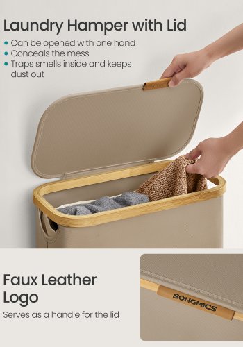 SONGMICS W&auml;schekorb mit Deckel, schmaler W&auml;schekorb, 65 l, platzsparend, herausnehmbares Netzfutter, Oxford-Gewebe, Bambusgriff, faltbar, 42 x 22,5 x 70,5 cm, Kamelbraun LCB506N02