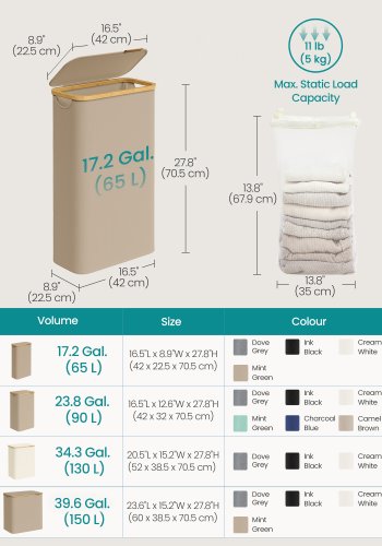 SONGMICS W&auml;schekorb mit Deckel, schmaler W&auml;schekorb, 65 l, platzsparend, herausnehmbares Netzfutter, Oxford-Gewebe, Bambusgriff, faltbar, 42 x 22,5 x 70,5 cm, Kamelbraun LCB506N02