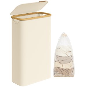 SONGMICS tv&auml;ttkorg med lock, smal tv&auml;ttkorg, 65 l (17,2 gallon), platsbesparande, avtagbart n&auml;tfoder, bambuhandtag, hopf&auml;llbar, 41 x 21 x 69 cm, kr&auml;mvit ULCB506W01