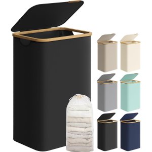 SONGMICS Tv&auml;ttkorg med lock, stor tv&auml;ttkorg, 90 l, avtagbart n&auml;tfoder, oxfordtyg, bambuhandtag, hopf&auml;llbar, 42 x 32 x 70,5 cm, bl&auml;cksvart LCB509B01