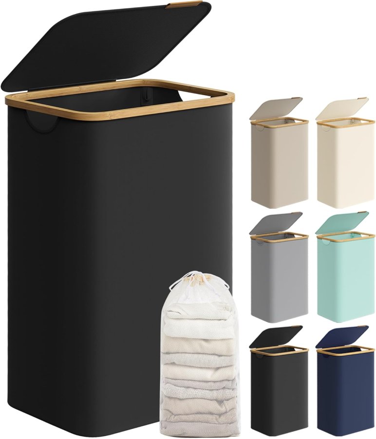 SONGMICS W&auml;schekorb mit Deckel, gro&szlig;er W&auml;schekorb, 90 l, herausnehmbares Netzfutter, Oxford-Gewebe, Bambusgriff, faltbar, 42 x 32 x 70,5 cm, Tintenschwarz LCB509B01