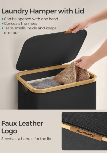 SONGMICS W&auml;schekorb mit Deckel, gro&szlig;er W&auml;schekorb, 90 l, herausnehmbares Netzfutter, Oxford-Gewebe, Bambusgriff, faltbar, 42 x 32 x 70,5 cm, Tintenschwarz LCB509B01