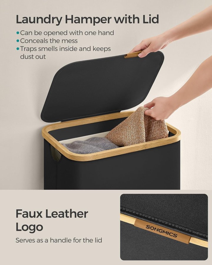 SONGMICS W&auml;schekorb mit Deckel, gro&szlig;er W&auml;schekorb, 90 l, herausnehmbares Netzfutter, Oxford-Gewebe, Bambusgriff, faltbar, 42 x 32 x 70,5 cm, Tintenschwarz LCB509B01
