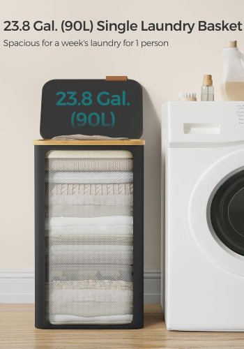 SONGMICS W&auml;schekorb mit Deckel, gro&szlig;er W&auml;schekorb, 90 l, herausnehmbares Netzfutter, Oxford-Gewebe, Bambusgriff, faltbar, 42 x 32 x 70,5 cm, Tintenschwarz LCB509B01