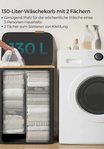 SONGMICS W�schekorb mit Deckel, gro�er W�schekorb mit 2 F�chern, 130 l, herausnehmbares Netzfutter, Oxford-Gewebe, Bambusgriff, faltbar, 52 x 38,5 x 70,5 cm, Tintenschwarz LCB513B01