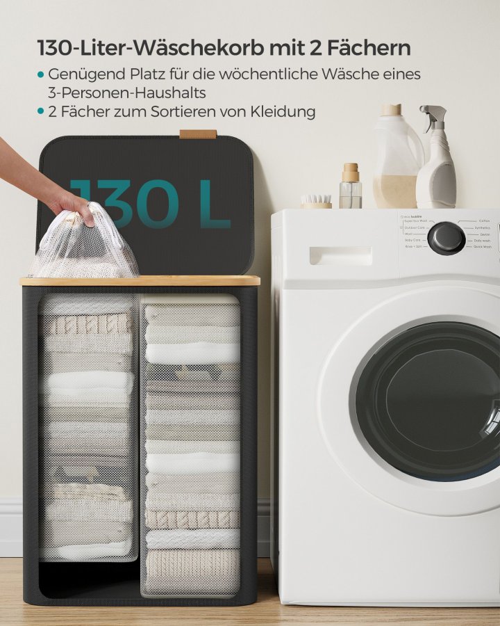 SONGMICS W�schekorb mit Deckel, gro�er W�schekorb mit 2 F�chern, 130 l, herausnehmbares Netzfutter, Oxford-Gewebe, Bambusgriff, faltbar, 52 x 38,5 x 70,5 cm, Tintenschwarz LCB513B01