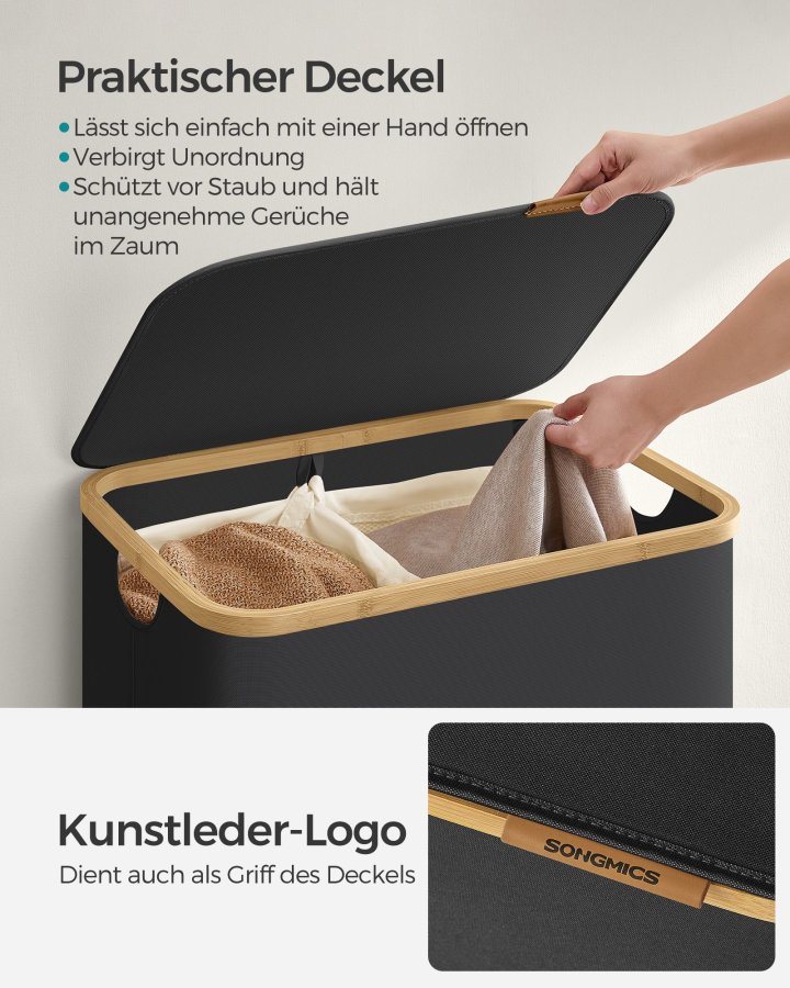 SONGMICS W�schekorb mit Deckel, gro�er W�schekorb mit 2 F�chern, 130 l, herausnehmbares Netzfutter, Oxford-Gewebe, Bambusgriff, faltbar, 52 x 38,5 x 70,5 cm, Tintenschwarz LCB513B01