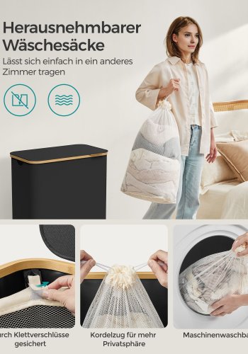 SONGMICS W�schekorb mit Deckel, gro�er W�schekorb mit 2 F�chern, 130 l, herausnehmbares Netzfutter, Oxford-Gewebe, Bambusgriff, faltbar, 52 x 38,5 x 70,5 cm, Tintenschwarz LCB513B01