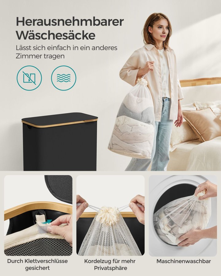 SONGMICS W�schekorb mit Deckel, gro�er W�schekorb mit 2 F�chern, 130 l, herausnehmbares Netzfutter, Oxford-Gewebe, Bambusgriff, faltbar, 52 x 38,5 x 70,5 cm, Tintenschwarz LCB513B01