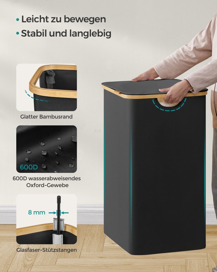 SONGMICS W�schekorb mit Deckel, gro�er W�schekorb mit 2 F�chern, 130 l, herausnehmbares Netzfutter, Oxford-Gewebe, Bambusgriff, faltbar, 52 x 38,5 x 70,5 cm, Tintenschwarz LCB513B01