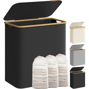 SONGMICS Tv&auml;ttkorg med lock, stor tv&auml;ttkorg med 3 sektioner, 150 l, avtagbart n&auml;tfoder, Oxfordtyg, bambuhandtag, hopf&auml;llbar, 60 x 38,5 x 70,5 cm, bl&auml;cksvart LCB515B01V1