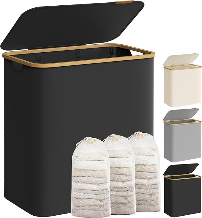 SONGMICS W&auml;schekorb mit Deckel, 3-teiliger gro&szlig;er W&auml;schekorb, 150 l, herausnehmbares Netzfutter, Oxford-Gewebe, Bambusgriff, faltbar, 60 x 38,5 x 70,5 cm, Tintenschwarz LCB515B01V1