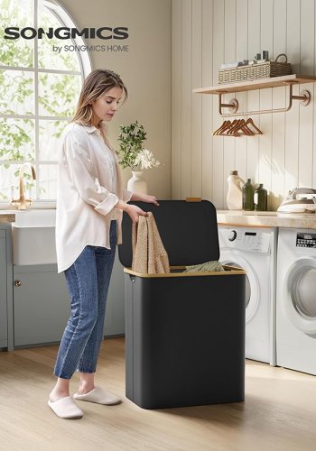 SONGMICS W�schekorb mit Deckel, 3-teiliger gro�er W�schekorb, 150 l, herausnehmbares Netzfutter, Oxford-Gewebe, Bambusgriff, faltbar, 60 x 38,5 x 70,5 cm, Tintenschwarz LCB515B01V1