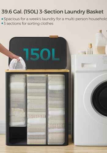 SONGMICS W�schekorb mit Deckel, 3-teiliger gro�er W�schekorb, 150 l, herausnehmbares Netzfutter, Oxford-Gewebe, Bambusgriff, faltbar, 60 x 38,5 x 70,5 cm, Tintenschwarz LCB515B01V1