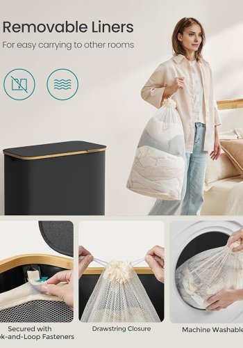 SONGMICS W&auml;schekorb mit Deckel, 3-teiliger gro&szlig;er W&auml;schekorb, 150 l, herausnehmbares Netzfutter, Oxford-Gewebe, Bambusgriff, faltbar, 60 x 38,5 x 70,5 cm, Tintenschwarz LCB515B01V1