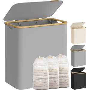 SONGMICS Tv&auml;ttkorg med lock, stor tv&auml;ttkorg med 3 sektioner, 150 l, avtagbart n&auml;tfoder, Oxfordtyg, bambuhandtag, hopf&auml;llbar, 60 x 38,5 x 70,5 cm, duvgr� LCB515G01V1