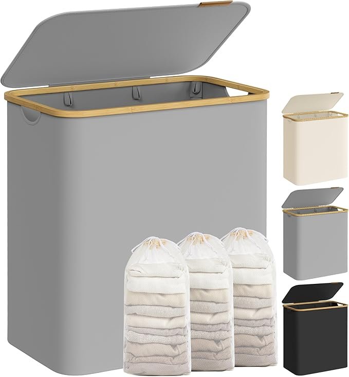 SONGMICS W&auml;schekorb mit Deckel, 3-teiliger gro&szlig;er W&auml;schekorb, 150 l, herausnehmbares Netzfutter, Oxford-Gewebe, Bambusgriff, faltbar, 60 x 38,5 x 70,5 cm, Taubengrau LCB515G01V1