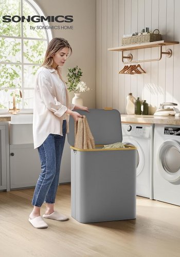 SONGMICS W�schekorb mit Deckel, 3-teiliger gro�er W�schekorb, 150 l, herausnehmbares Netzfutter, Oxford-Gewebe, Bambusgriff, faltbar, 60 x 38,5 x 70,5 cm, Taubengrau LCB515G01V1