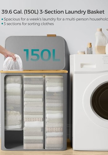 SONGMICS W�schekorb mit Deckel, 3-teiliger gro�er W�schekorb, 150 l, herausnehmbares Netzfutter, Oxford-Gewebe, Bambusgriff, faltbar, 60 x 38,5 x 70,5 cm, Taubengrau LCB515G01V1