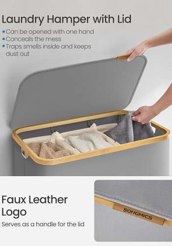 SONGMICS W&auml;schekorb mit Deckel, 3-teiliger gro&szlig;er W&auml;schekorb, 150 l, herausnehmbares Netzfutter, Oxford-Gewebe, Bambusgriff, faltbar, 60 x 38,5 x 70,5 cm, Taubengrau LCB515G01V1