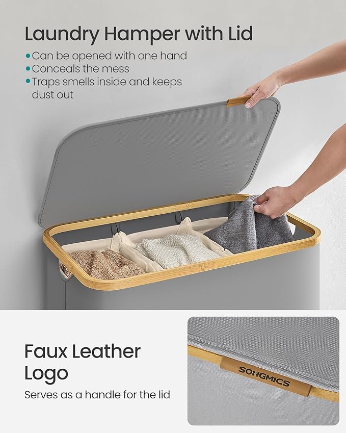 SONGMICS W&auml;schekorb mit Deckel, 3-teiliger gro&szlig;er W&auml;schekorb, 150 l, herausnehmbares Netzfutter, Oxford-Gewebe, Bambusgriff, faltbar, 60 x 38,5 x 70,5 cm, Taubengrau LCB515G01V1