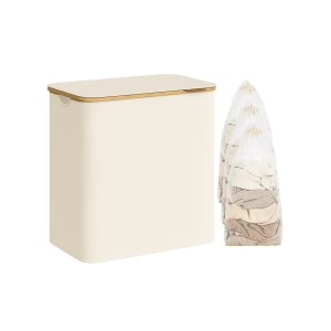 SONGMICS Tv&auml;ttkorg med lock, stor tv&auml;ttkorg med 3 sektioner, 150 l, avtagbart n&auml;tfoder, bambuhandtag, hopf&auml;llbar, 51,6 x 38 x 61 cm, kr&auml;mvit LCB515W01