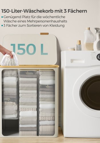 SONGMICS W�schekorb mit Deckel, 3-teiliger gro�er W�schekorb, 150 l, herausnehmbares Netzfutter, Bambusgriff, faltbar, 51,6 x 38 x 61 cm, cremewei� LCB515W01