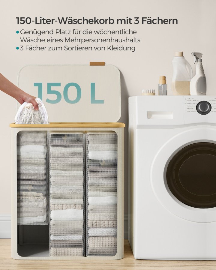 SONGMICS W�schekorb mit Deckel, 3-teiliger gro�er W�schekorb, 150 l, herausnehmbares Netzfutter, Bambusgriff, faltbar, 51,6 x 38 x 61 cm, cremewei� LCB515W01