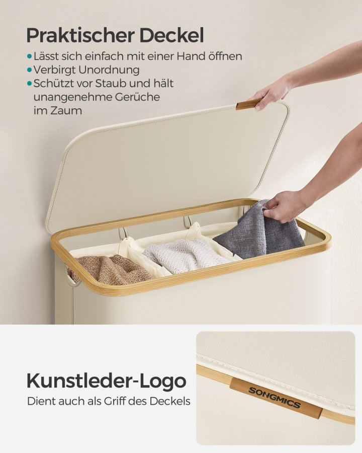 SONGMICS W�schekorb mit Deckel, 3-teiliger gro�er W�schekorb, 150 l, herausnehmbares Netzfutter, Bambusgriff, faltbar, 51,6 x 38 x 61 cm, cremewei� LCB515W01