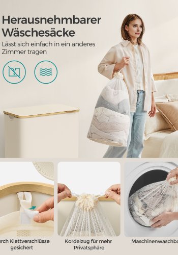SONGMICS W�schekorb mit Deckel, 3-teiliger gro�er W�schekorb, 150 l, herausnehmbares Netzfutter, Bambusgriff, faltbar, 51,6 x 38 x 61 cm, cremewei� LCB515W01