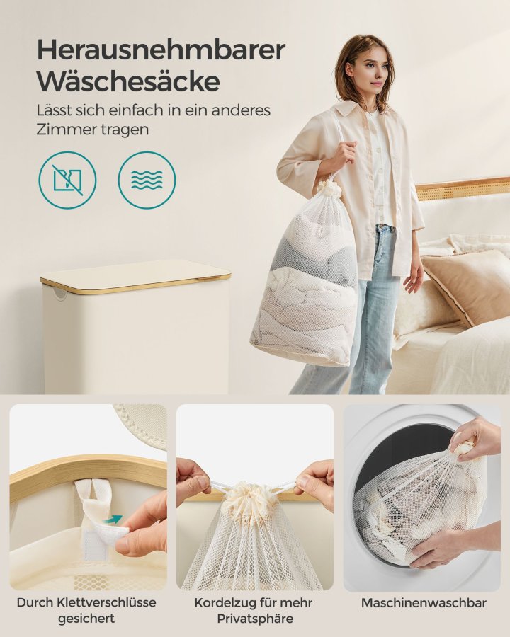 SONGMICS W�schekorb mit Deckel, 3-teiliger gro�er W�schekorb, 150 l, herausnehmbares Netzfutter, Bambusgriff, faltbar, 51,6 x 38 x 61 cm, cremewei� LCB515W01