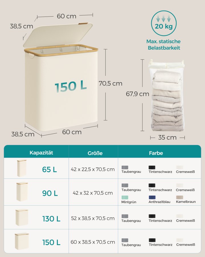 SONGMICS W�schekorb mit Deckel, 3-teiliger gro�er W�schekorb, 150 l, herausnehmbares Netzfutter, Bambusgriff, faltbar, 51,6 x 38 x 61 cm, cremewei� LCB515W01