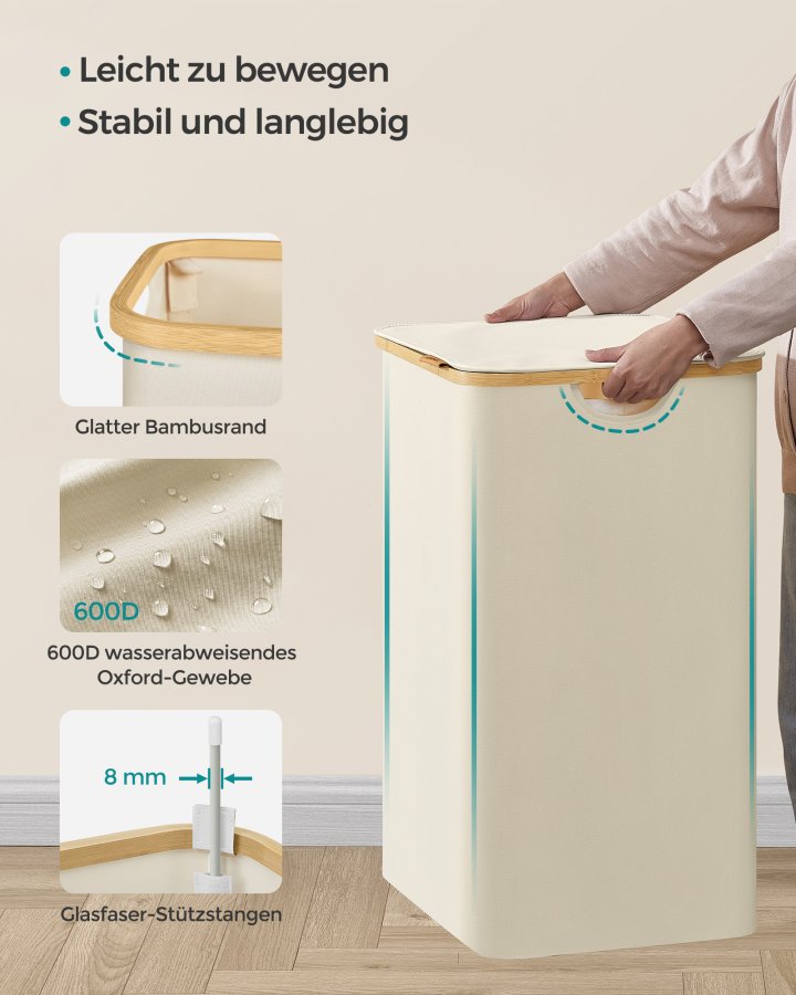 SONGMICS W�schekorb mit Deckel, 3-teiliger gro�er W�schekorb, 150 l, herausnehmbares Netzfutter, Bambusgriff, faltbar, 51,6 x 38 x 61 cm, cremewei� LCB515W01