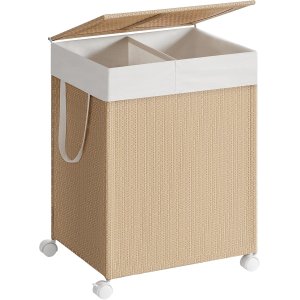 SONGMICS HOME Tv&auml;ttkorg med 2 fack, 100 l tv&auml;ttsortering p� hjul med lock, tv&auml;ttp�se med handtag, rottinglook, f&ouml;r tv&auml;ttstuga, badrum, naturbeige, mattvit, LCB601N01